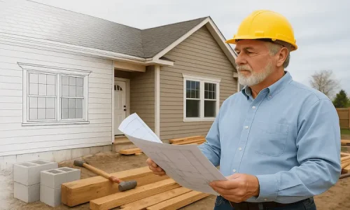Arquitecto o ingeniero revisando planos de construcción frente a vivienda en Costa Rica