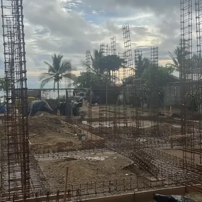 Foundation reinforcement with steel rebar at construction site