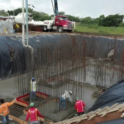 Construction of treatment plant in Costa Rica with concrete pouring and steel reinforcement structure