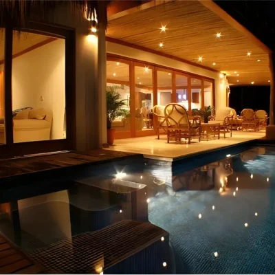 Modern illuminated terrace with private pool in luxury residence in Costa Rica
